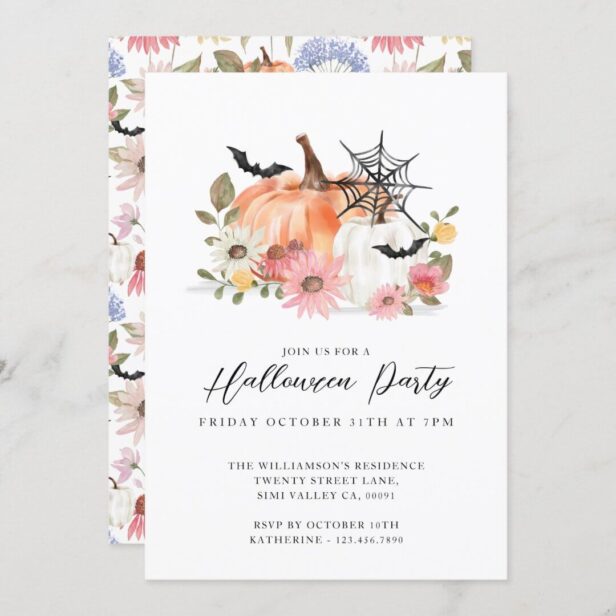 Wildflower Yellow & White Pumpkin Halloween Party Invitation