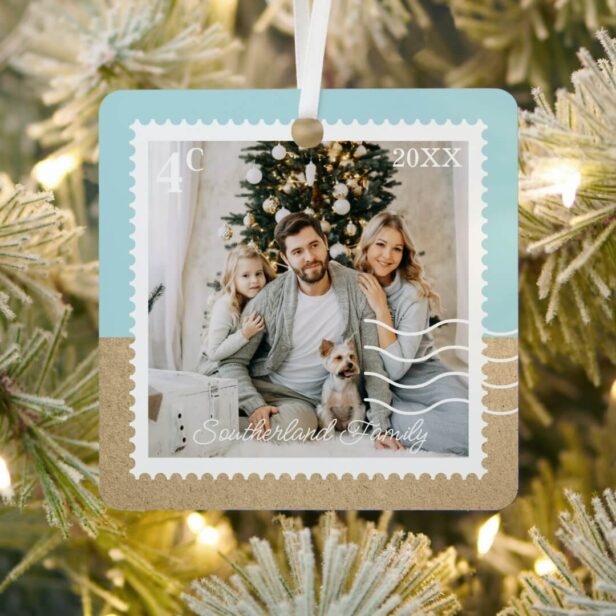 Minimal Family Photos Postage Stamps Personalized Blue Two Tone Metal Ornament