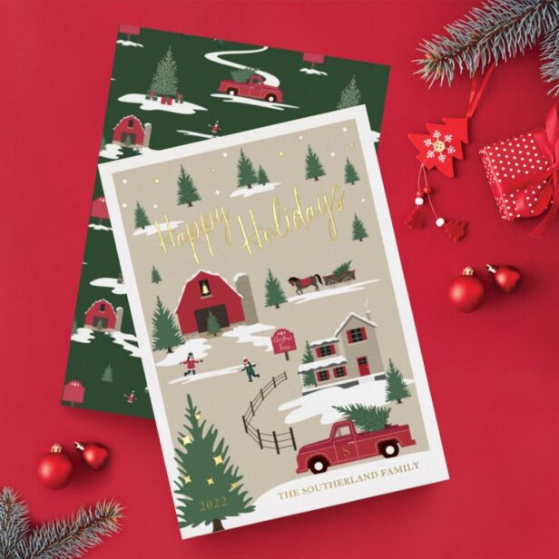 Festive Vintage Christmas Tree Farm Red Truck Foil Holiday Card