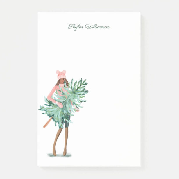 Watercolor Girl Holding Evergreen Christmas Tree Post-it Notes