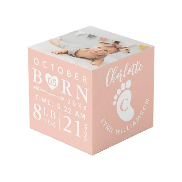Baby Photo Keepsake & Birth Stats Pink Monogram Cube