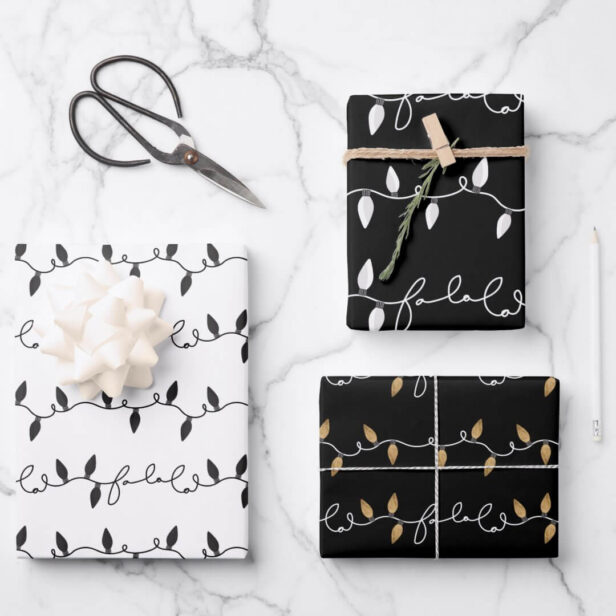 Fa La Christmas String Lights Black white & Gold Wrapping Paper Sheets