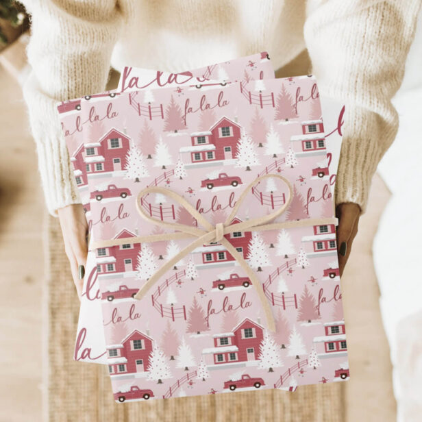 Fa La Pink Vintage Christmas Tree Farm Scenery Wrapping Paper Sheets