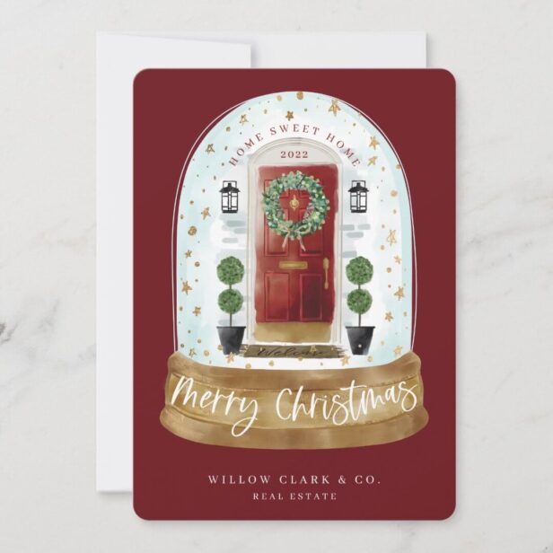 Festive Red Watercolor Door Snow Globe Business Ho Holiday Card