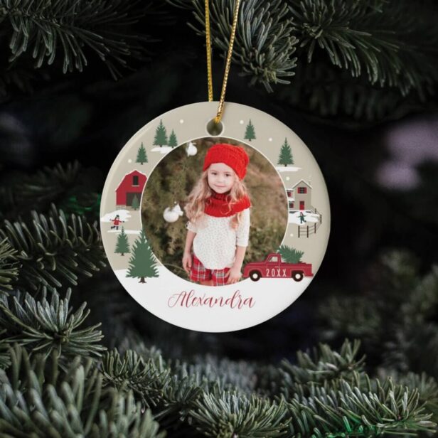 Festive Vintage Christmas Tree Farm Photo Ceramic Ornament