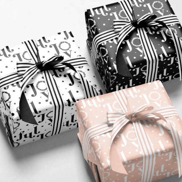Joyful Bold Letter Black White & Pink Typographic Wrapping Paper Sheets