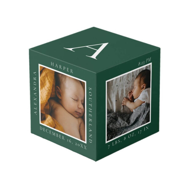 Minimal Baby Name & Birth Stats Photo Keepsake Green Cube