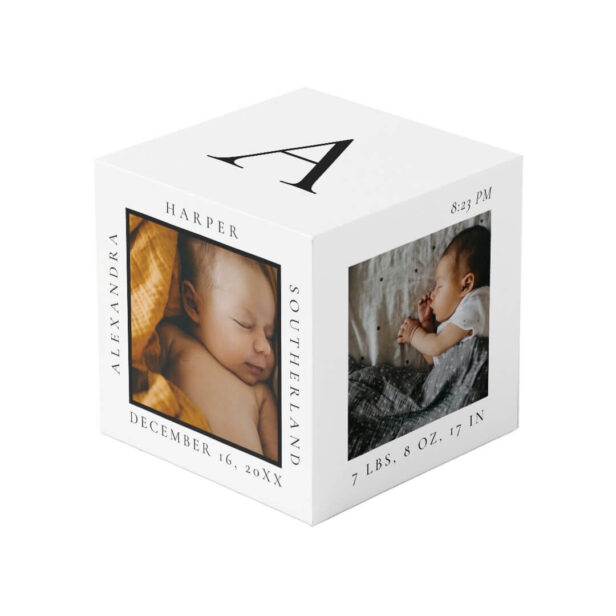 Minimal Baby Name & Birth Stats Photo Keepsake White Cube