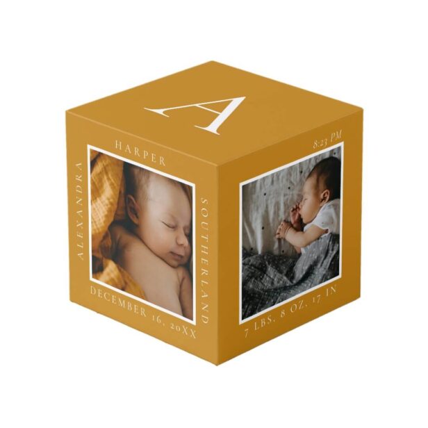 Minimal Baby Name & Birth Stats Photo Keepsake Yellow Cube