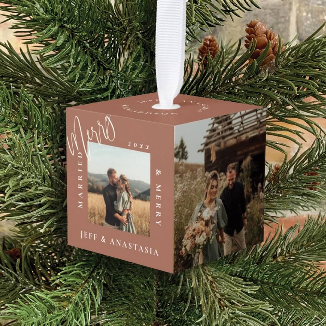 Minimal Modern Married & Merry Gold Script Photos Terracotta Cube Ornament