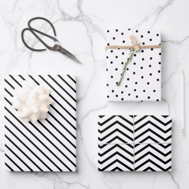 Modern Chic Black & White Stripe, Chevron & Dots Wrapping Paper Sheets