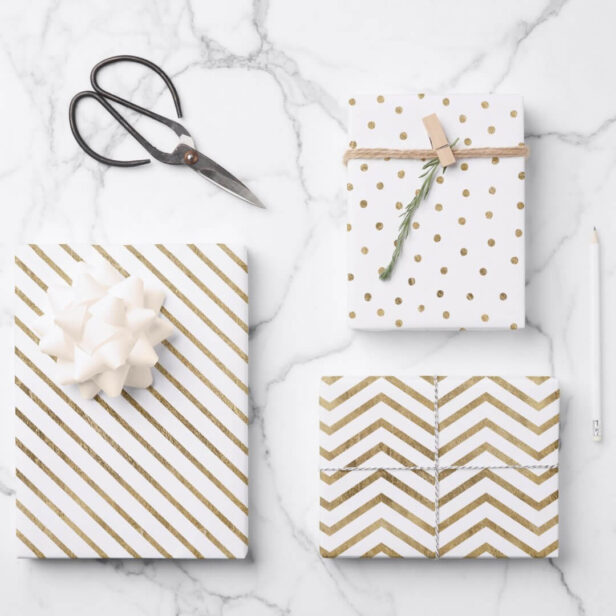 Modern Chic White Faux Gold Stripe, Chevron & Dots Wrapping Paper Sheets
