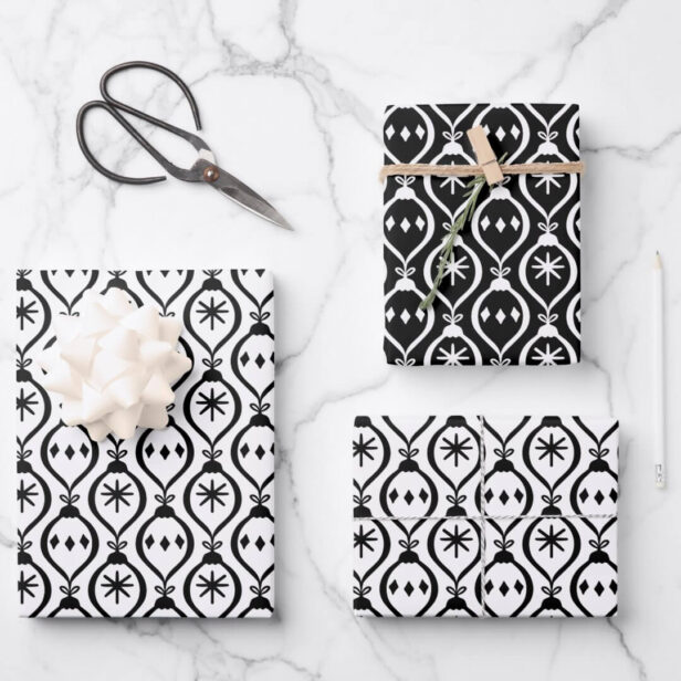 Modern Trendy Retro Black Holiday Ornament Pattern Wrapping Paper Sheets