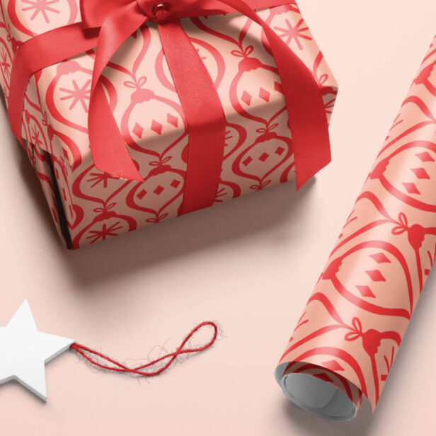 Modern Trendy Retro Red Pink Holiday Ornament Pattern Wrapping Paper