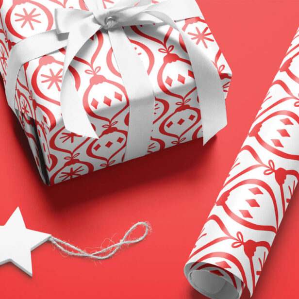 Modern Trendy Retro White & Red Holiday Ornament Pattern Wrapping Paper