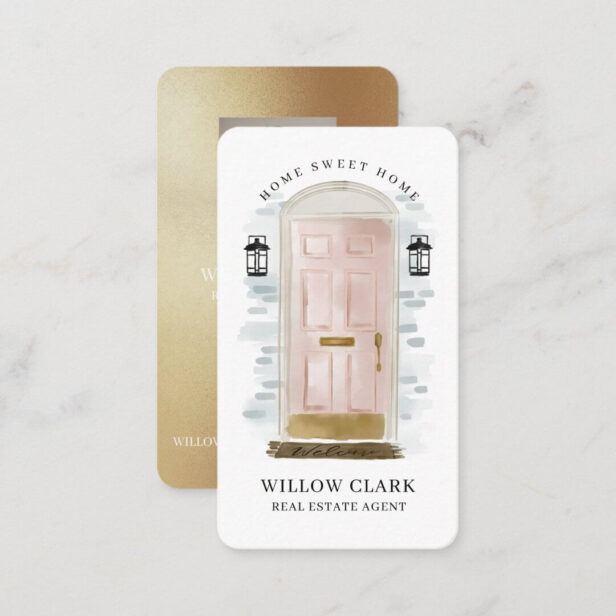 Pink Watercolor Front Door Real Estate Agent Busin Business Card