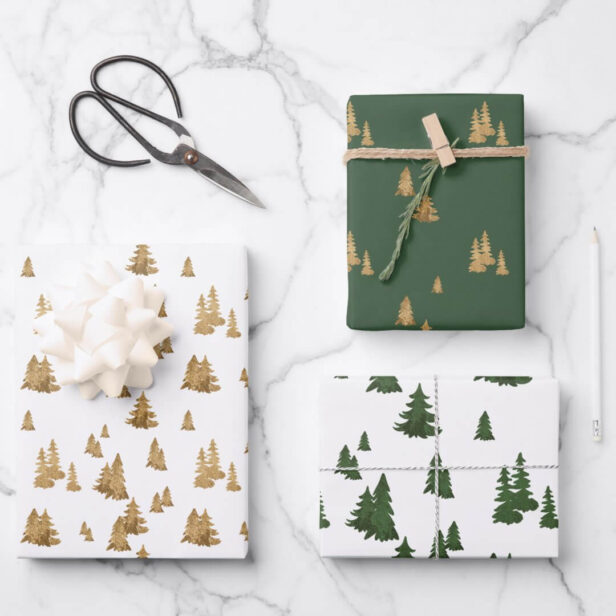 Rustic Modern Faux Gold & Green Pine Tree Forest Wrapping Paper Sheets