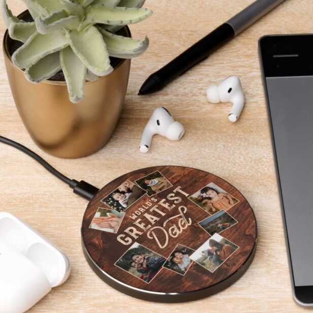 World's Greatest Dad Woodgrain Eight Photo Collage Wireless Charger