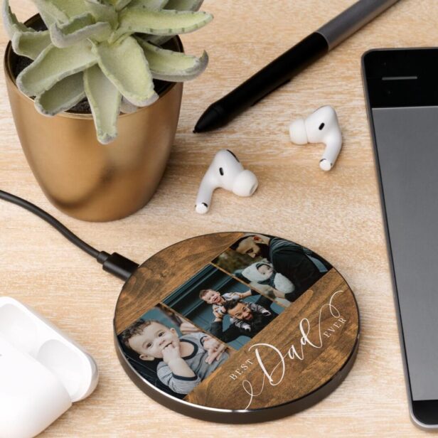 Best Dad Ever Woodgrain Fathers Day Photo Collage Wireless Charger