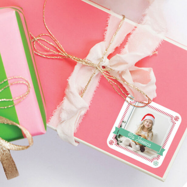 Custom Photo & Name Gift Identifier Candy Cane Square Sticker
