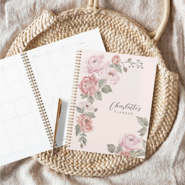 Elegant Pink Watercolor Peony Florals Personalized Planner