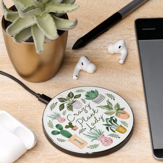 Fun Crazy Plant Lady Potted Plants Name & Monogram Wireless Charger