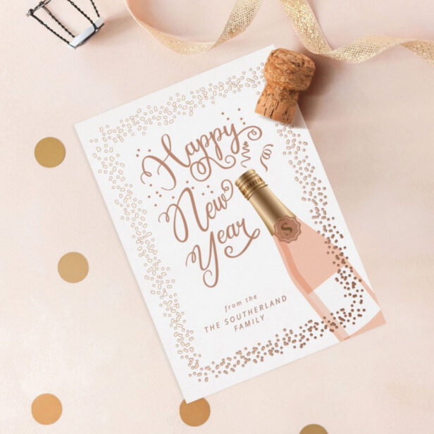 Fun Happy New Year Script Rose Champagne Confetti Foil Holiday Card