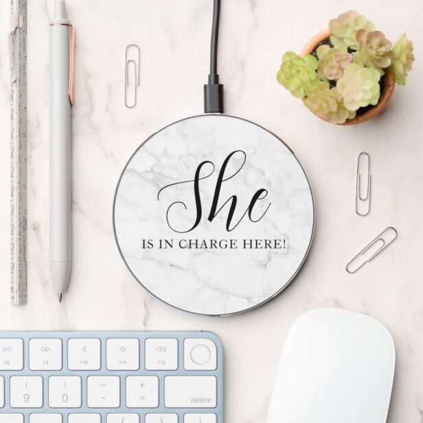 Fun Minimal She is in Charge Here Faux Marble Wireless Charger