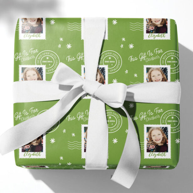 Fun Photo Stamp Gift Identifier Open On Christmas Green Wrapping Paper