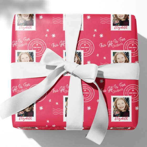 Fun Photo Stamp Gift Identifier Open On Christmas Pink Wrapping Paper