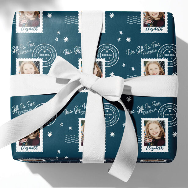 Fun Photo Stamp Gift Identifier Open On Christmas Navy Wrapping Paper