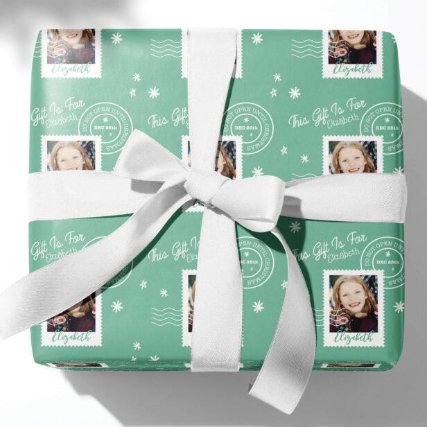 Fun Photo Stamp Gift Identifier Open On Christmas Teal Wrapping Paper