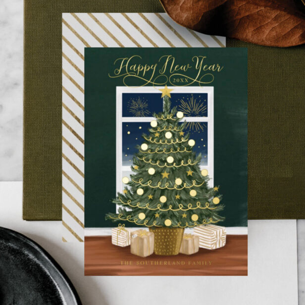 Happy New Year Magical Fireworks Christmas Tree Foil Holiday Card