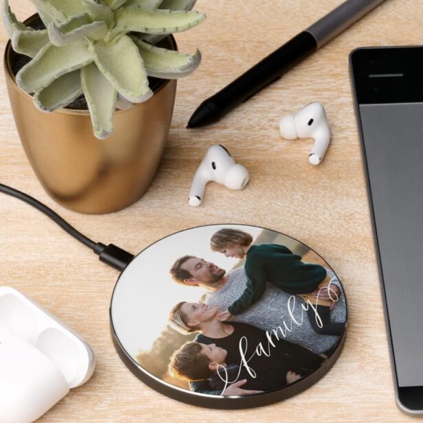Minimal Elegant Script Personalized Family Photo Wireless Charger