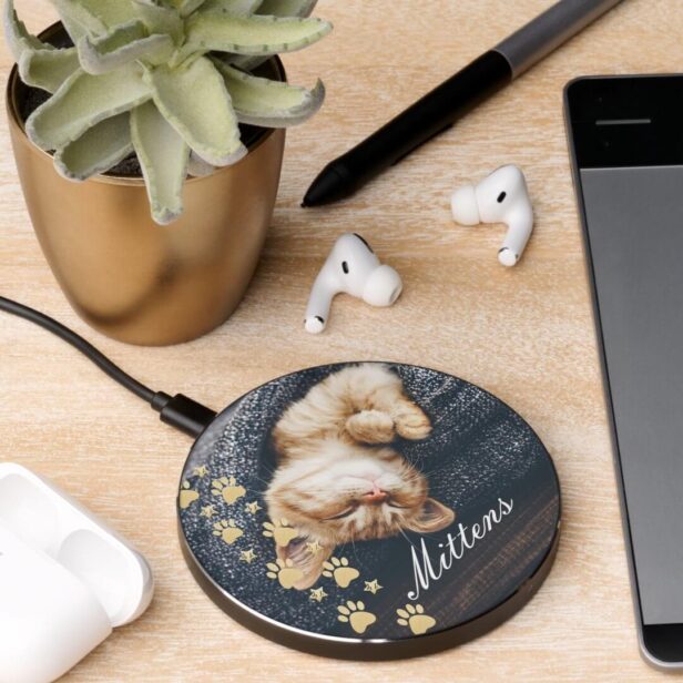 Pet Photo Gold Paw Prints Personalized Pet Name Wireless Charger