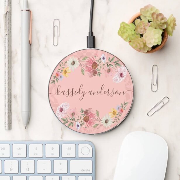 Watercolor Wildflowers Floral Wreath Personalized Wireless Charger
