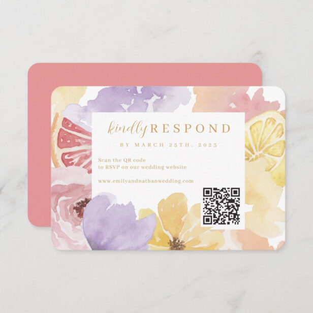 Abstract Watercolor Floral Cocktail Citrus QR Code RSVP Card