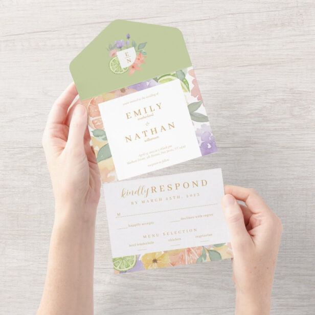 Cocktail & Citrus Fruit Wedding Watercolor Florals All In One Invitation