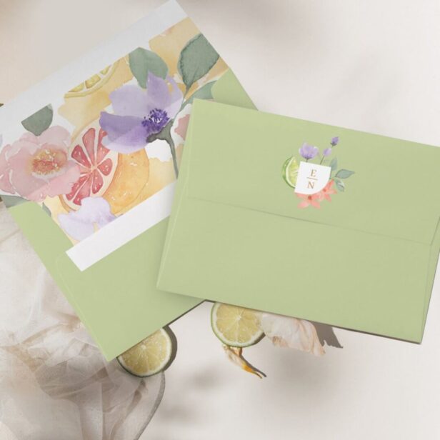 Cocktail Citrus Watercolor Floral Wedding Monogram Green Envelope