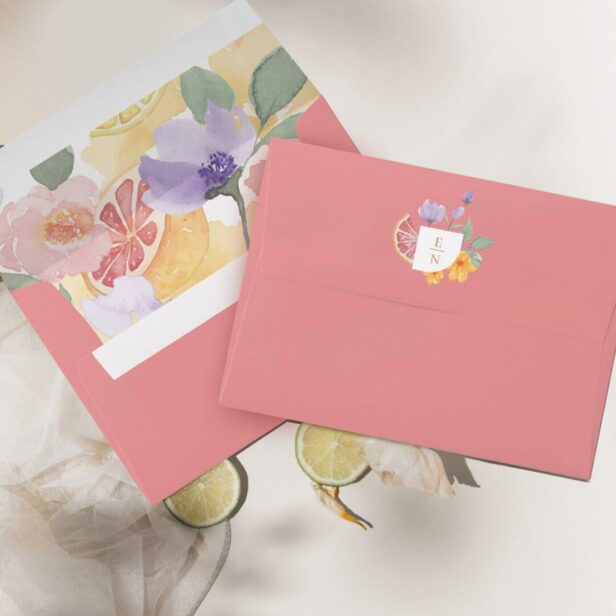 Cocktail Citrus Watercolor Floral Wedding Monogram Pink Envelope