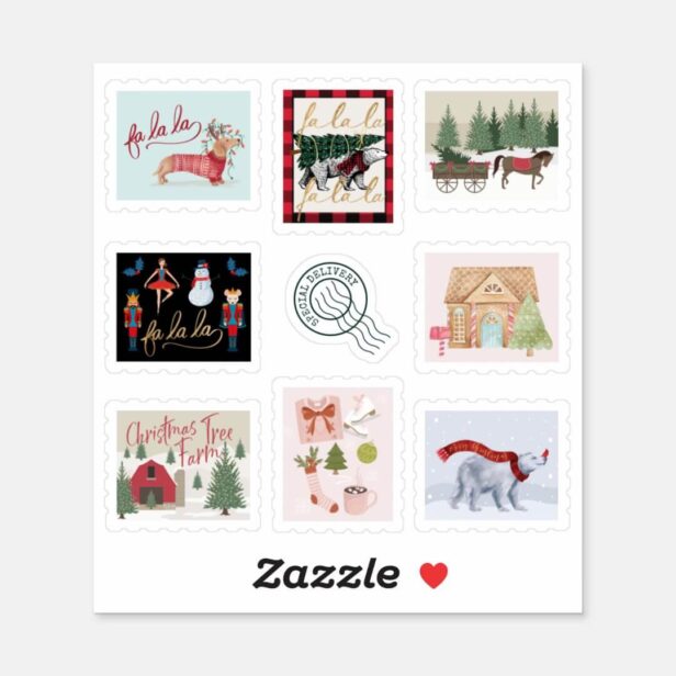 Festive Holiday Christmas Illustration Mail Stamps Sticker