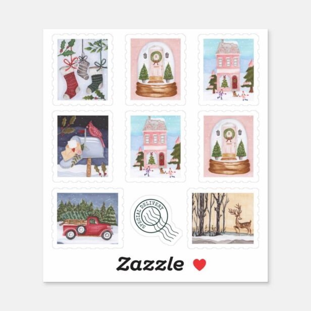 Festive Holiday Christmas Illustration Stamp Set Sticker