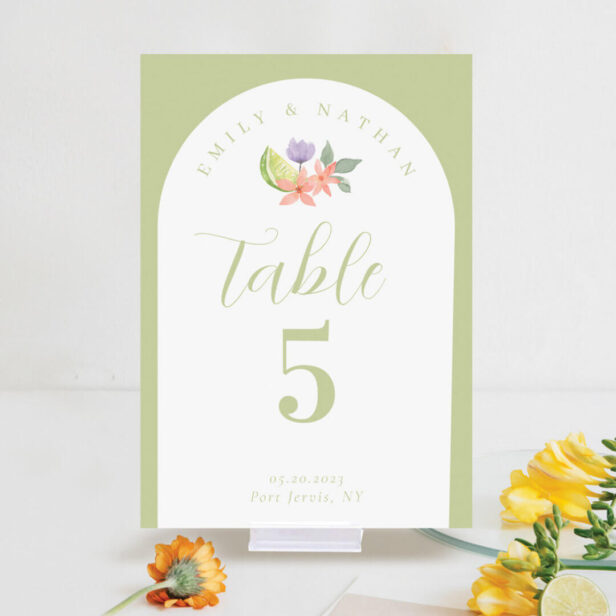 Modern Arch Watercolor Citrus Floral Couple Photo Green Table Number