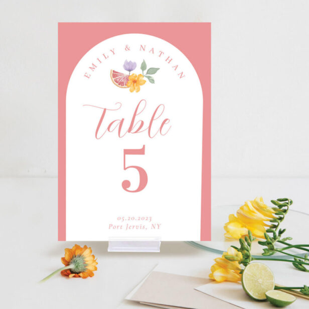 Modern Arch Watercolor Citrus Floral Couple Photo Pink Table Number
