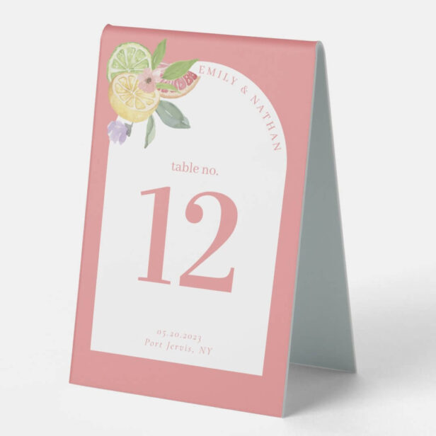 Modern Arch Watercolor Citrus Fruits & Florals Pink Table Tent Sign
