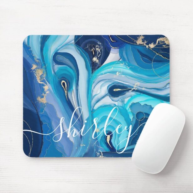 Modern Blue Swirl Agate Iridescent Custom Name Mouse Pad