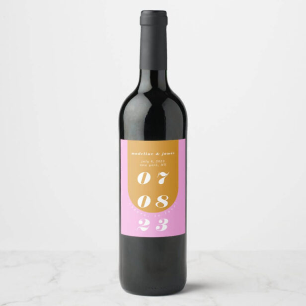 Modern Minimal Bold Pink & Yellow Retro Arch Bold Wine Label