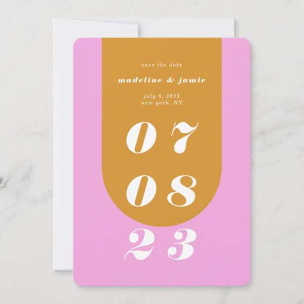 Modern Minimal Pink & Yellow Retro Arch Bold Date Save The Date