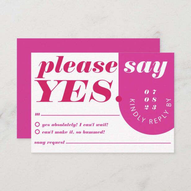 Please Say Yes Modern Bold Pink Magenta Retro Arch RSVP Card