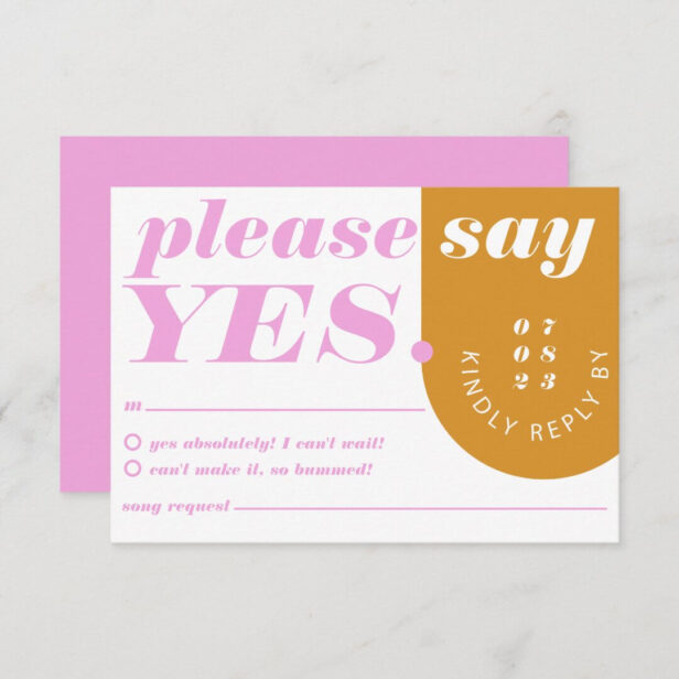 Please Say Yes Modern Bold Pink, Yellow Retro Arch RSVP Card